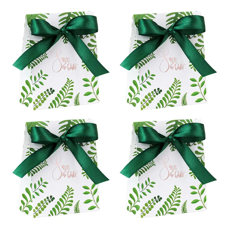 Green Color Wedding Theme Small Candy Treat Paper Boxes With Ribbons Gift Cookie Package Paper Boxes for Party Supplies