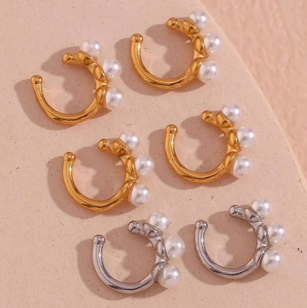 New Design Pearl Ear Cuff Earrings Gold Plated Clip on Earrings Non Pierced for Women Stainless Steel Jewelry Wholesale