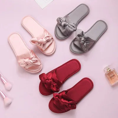 Fashion Comfortable Soft Ladies Custom Bow Tie Satin Indoor Bedroom Sleeping Women Slippers