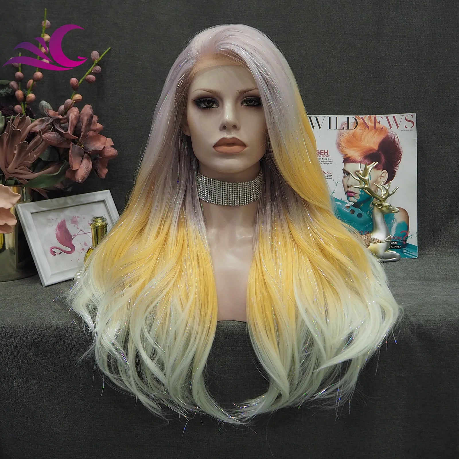 Celebrity New Fashion Ombre Transparent Synthetic Wigs High Temperature Fibre Tinsel Synthetic Lace Front Wigs