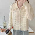 Women's Simple Twist Cardigan Long Sleeve Solid Color Coat Wholesale Zip Sweater Polo Lapel Top Knitted Weaving Method