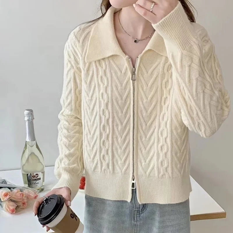 Women's Simple Twist Cardigan Long Sleeve Solid Color Coat Wholesale Zip Sweater Polo Lapel Top Knitted Weaving Method