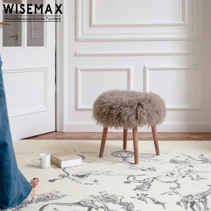 WISEMAX FURNITURE Modern Home Decor Solid Wood Small Ottoman Lamb Wool Fur Dressing Chair Wooden Shoes Changing Stool for Home