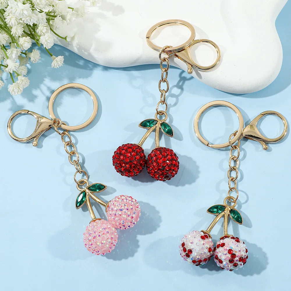 Creative Cute Fruit Shape Key Ring Rhinestone Cherry Charm Keychain Bag Pendant Ornaments for Women Men Souvenir Birthday Gift