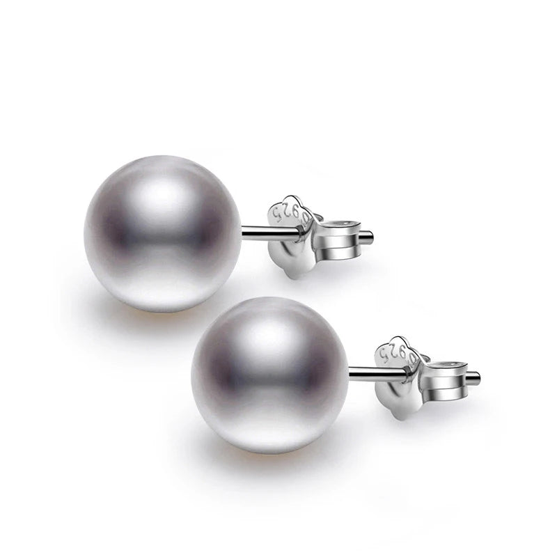 S925 Sterling Silver 10MM Synthetic Round Gray Pearl Stud Earrings for Women for Wedding Party Gift Boutique Jewelry Diamond