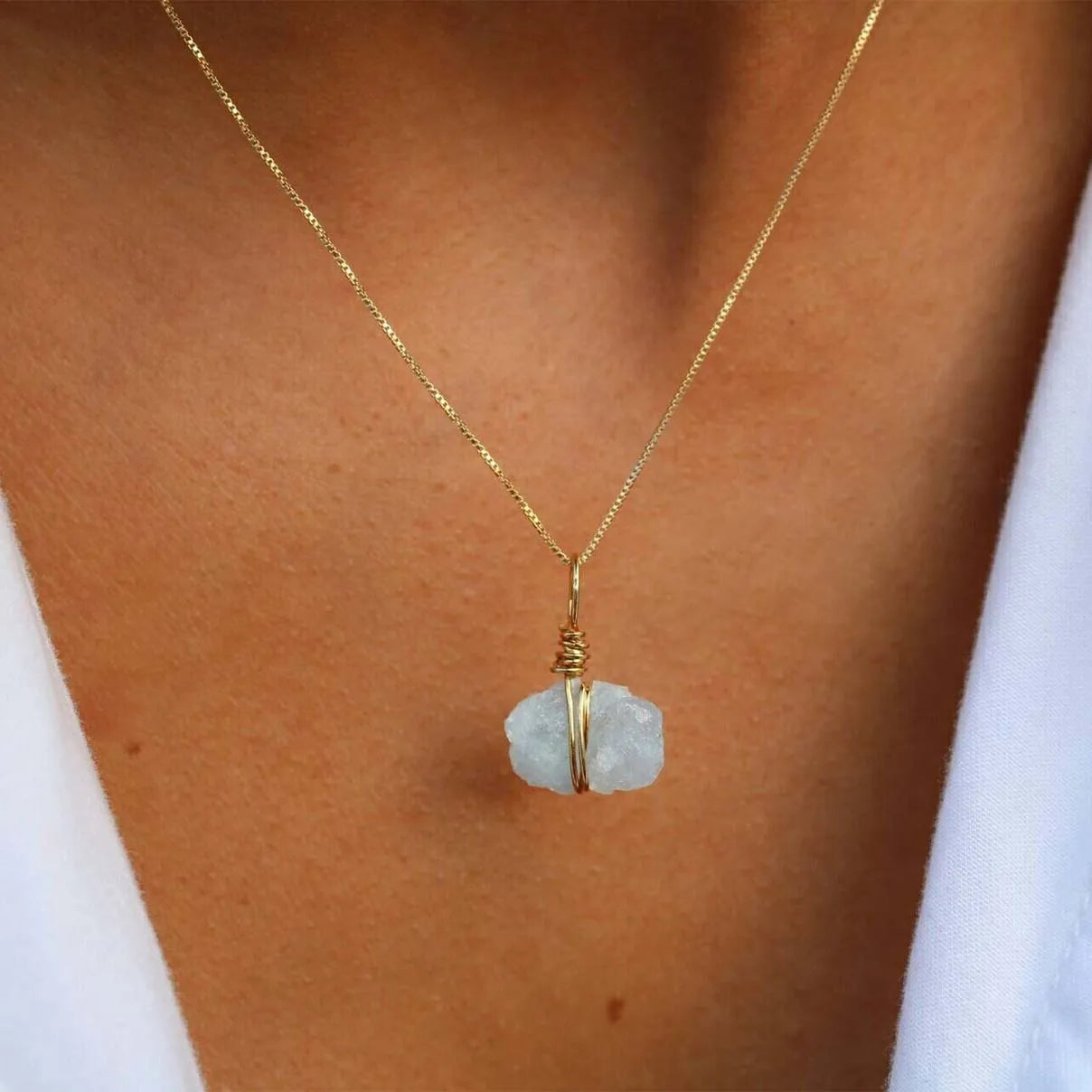 Natural Birthstone Jewelry 18k Gold Stainless Steel Raw Genuine Aquamarine Crystal Necklace