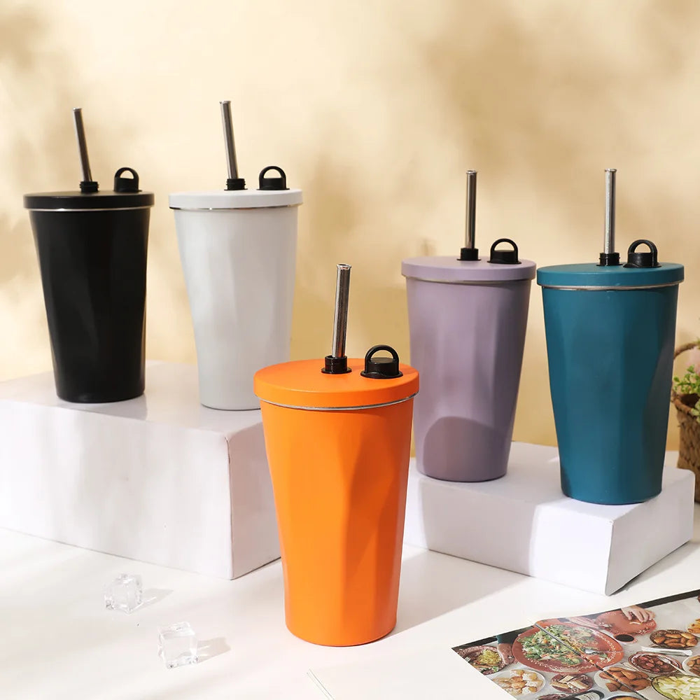 New Trendy 600ml Stainless Steel Coffee Mug Double Wall Vacuum Insulated Tumbler Car Cups with Lid and Straw