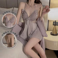 One Size Sexy Ice Silk Floral Pajamas Add a Chest Pad to Gather a Bow Shaped Nightgown Outer Robe and Home Clothing