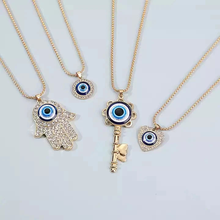 SC Wholesale Hot Sale Gold Plated Necklace Diamond Zircon Evil Blue Eye Fatima Hamsa Hand Pendant Necklace for Women