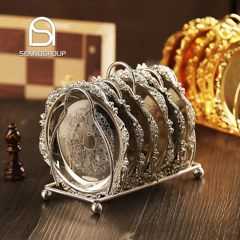 European Style Cocktail Metal coaster Retro Zinc Alloy Silver-plated Gold-plated Pattern Palace coaster