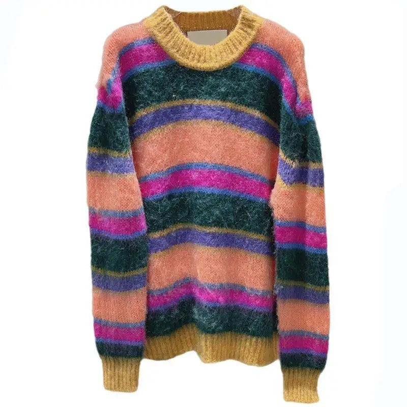 2024 Custom Oem & Odm Women Mohair Sweater Fuzzy Striped Knit Pullover Knitwear Long Sleeve Knitted Crew Neck Mohair Sweater