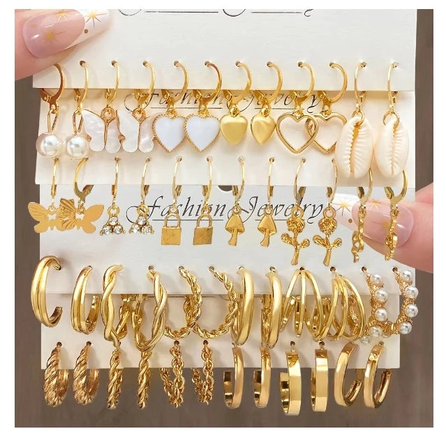 Wholesale Trendy Gold Metal Pearl Earrings Set for Women Fashion Geometric Punk Crystal Circle Drop Hoop Earrings  Bulk