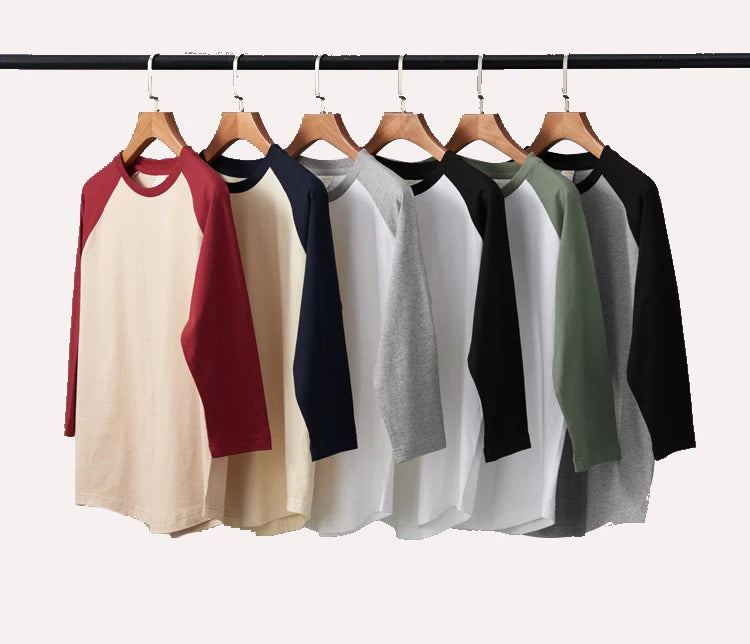Casual Retro Cotton 7-Point Sleeve T-Shirt for Men Women Knitted with Contrast Loose Long-Sleeved Bottoming Printed Pattern
