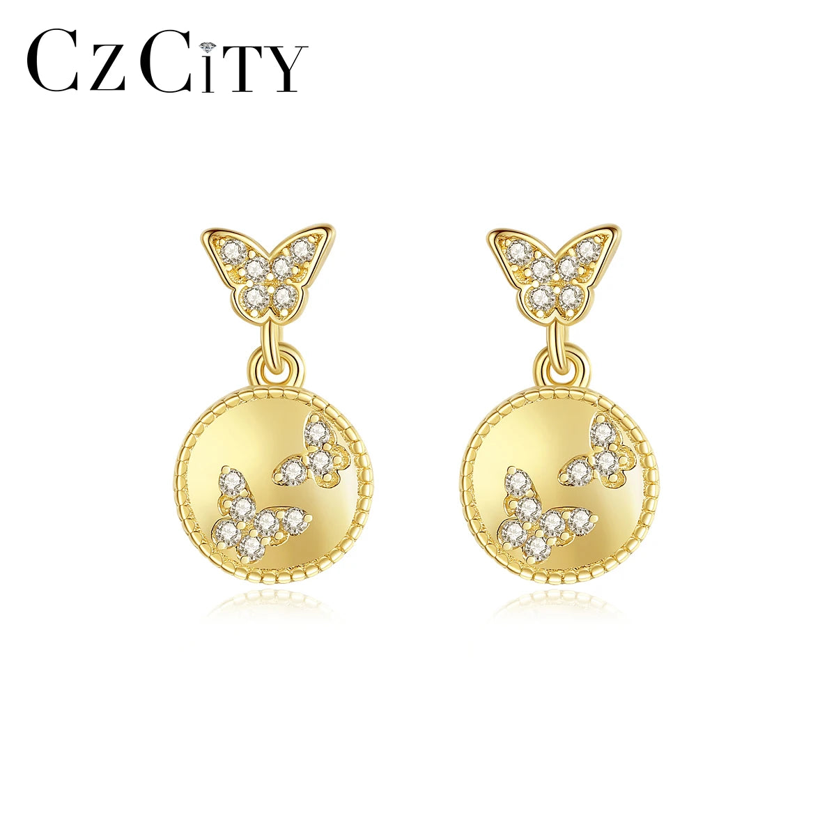 CZCITY 2026 Fashion Korean Cute Designer Gold Plated S925 Sterling Silver CZ Gold Butterfly Earrings