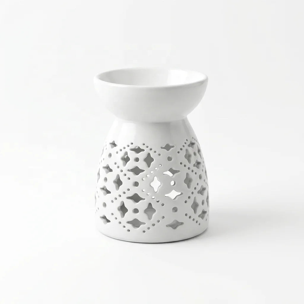 Minimalist White Ceramic Essential Oil Burner - Hollow Floral Design Candle Aroma Diffuser for Home Decor & Spa