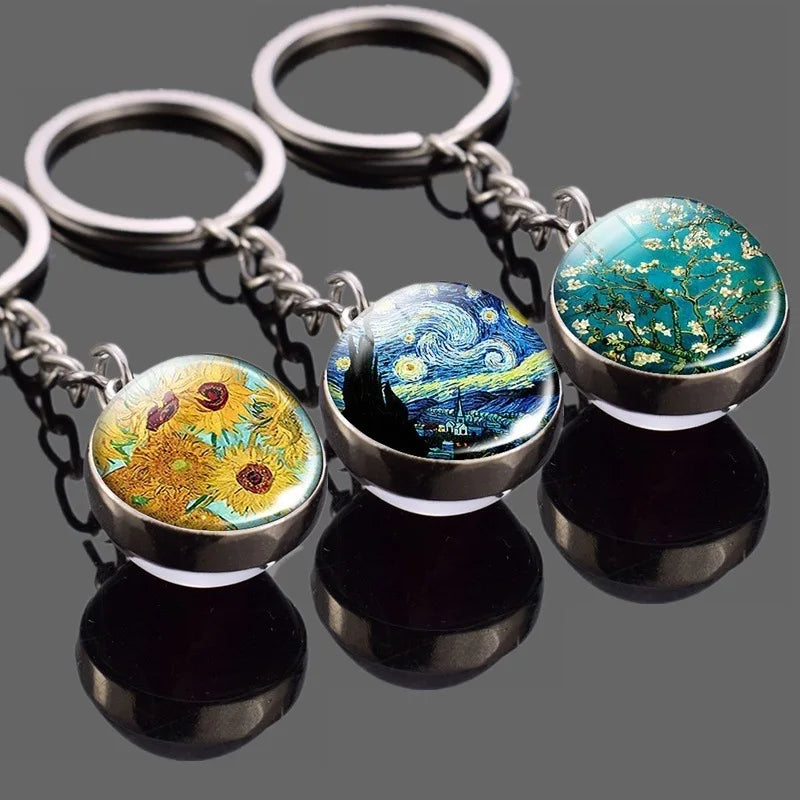 Van Gogh Sunflower Starry Night Metal Alloy & Glass Keychain with Ball Design