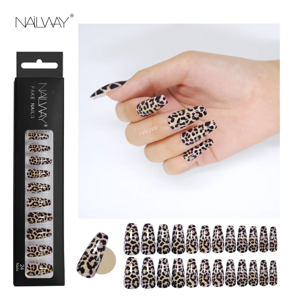 Hot Sale Popular 24 Pcs Full Cover Long Coffin Leopard Printing Press on Nails for Girls and Woman
