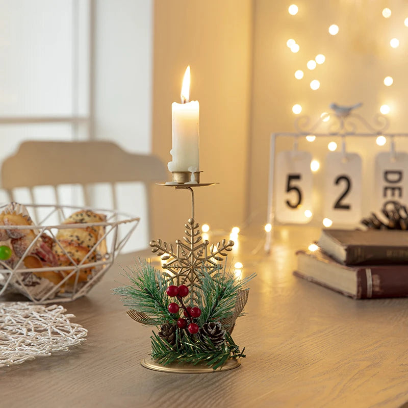Xmas Snow Pine Cone Metal Candelabra Candlestick Christmas Candles Holder with Santa Figure Figurine & Toy Decoration