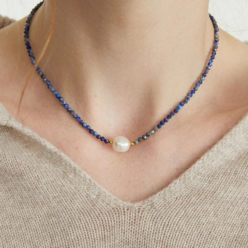 Elegance Pearl Charm Necklace 925 Sterling Silver Small Round Blue Lapis Lazuli Beaded Necklace for Women