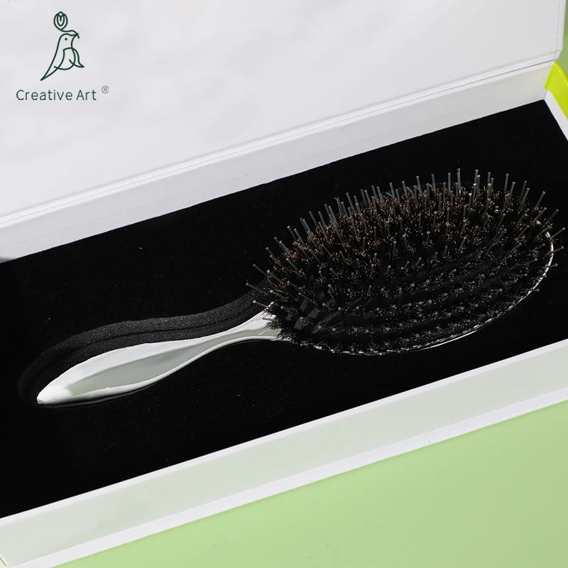 Factory Wholesale Custom Box Silver Electroplating air Cushion Boar Nylon Bristle Hairbrush