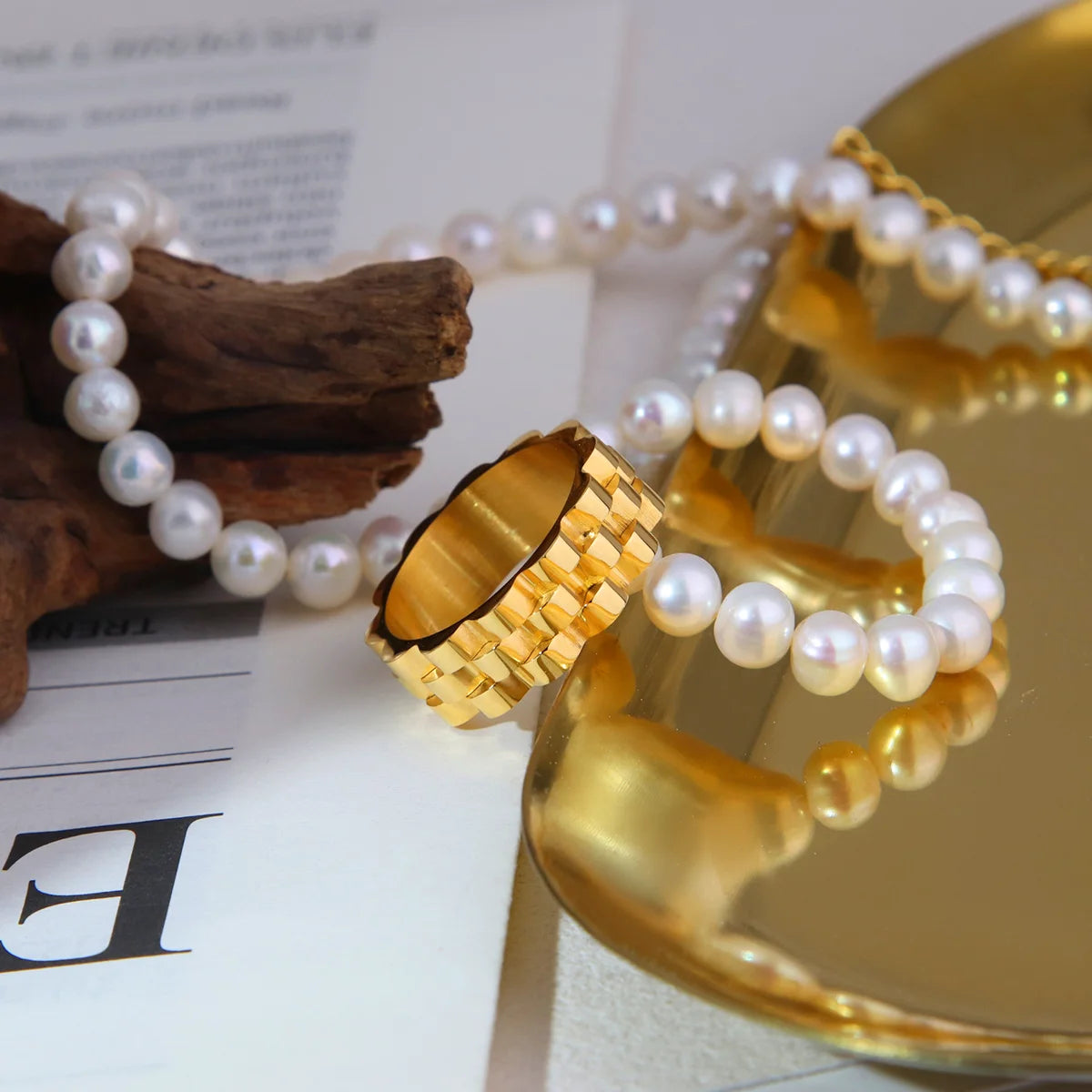 Chris April Fashion Jewelry PVD Gold Plated 316L Stainless Steel Water Proof Chain Shape Rings