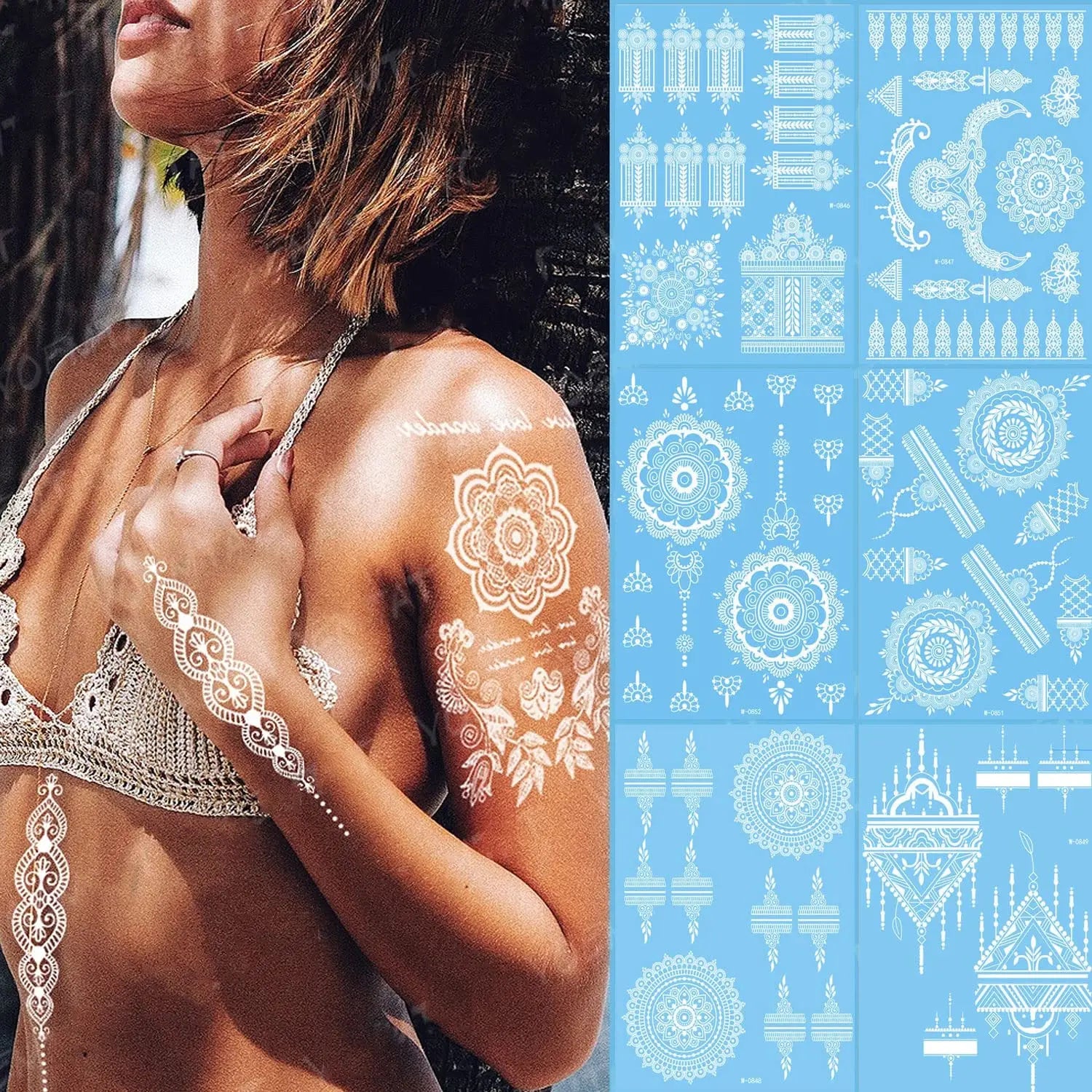 Henna Temporary Tattoos White Waterproof Tattoo Stickers for Women Wedding Party Festivals