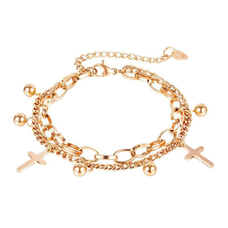 Multi Layered Link Chain Stainless Steel Bracelet for Women Cross Pendant Ball Charms Crafts Religious Christian Products