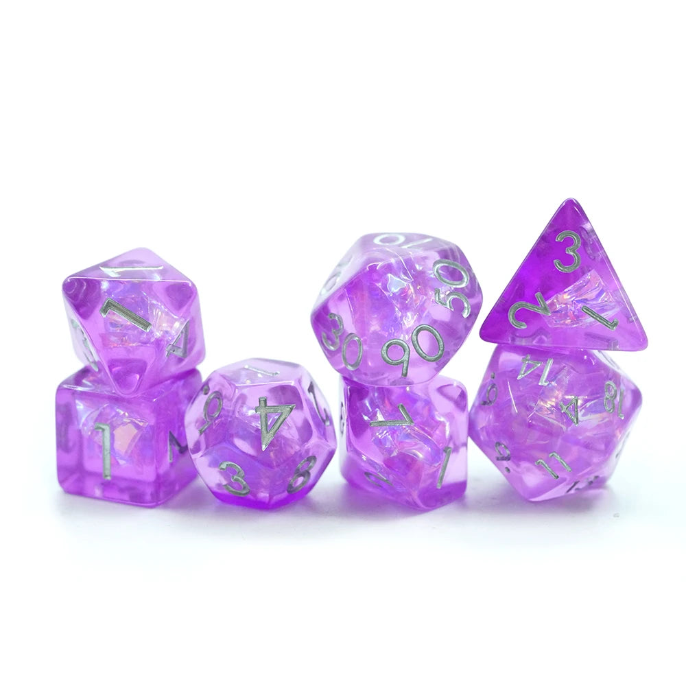 Wholesale 16mm Purple  Dice Dnd Rpg Polyhedral 7pcs Set Resin Dice With Silver Number Cheaper Round Dice