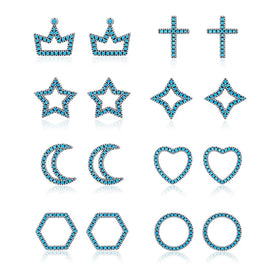 Bohemian 925 Silver Set Womens Jewelry Turquoise Blue Heart Star Moon Cross Tiny Stud Earrings Set for Girls Gift