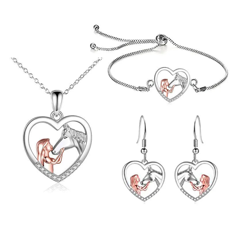 Fashionable Heart Shape Animal Girl With Horse Head Alloy Jewelry Pendant Necklace Earring Bracelet Set