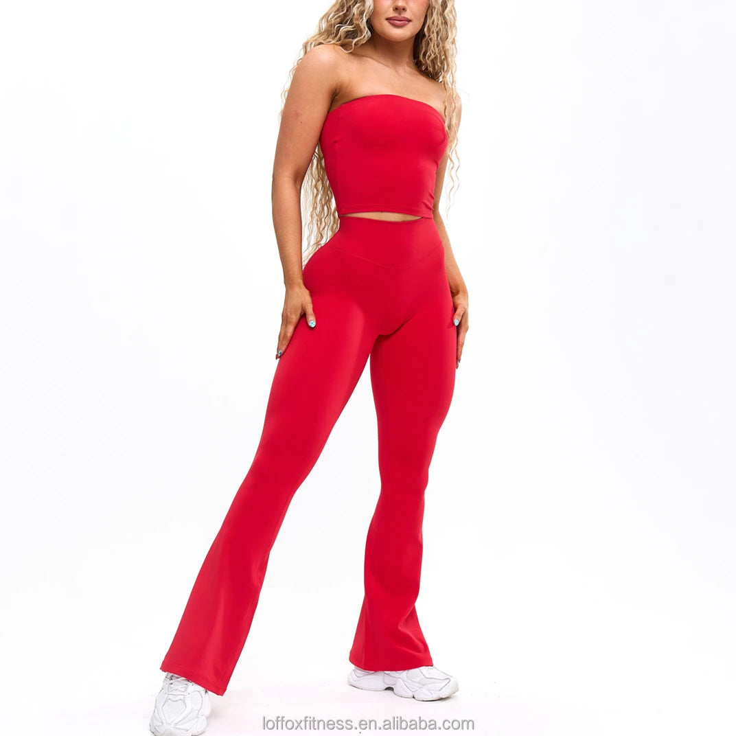 New Design Plus Size Adjustable Halter Strap Crop Top High Rise Scrunch Flare Legging 2 Piece Eco-Friendly Workout Yoga Sets