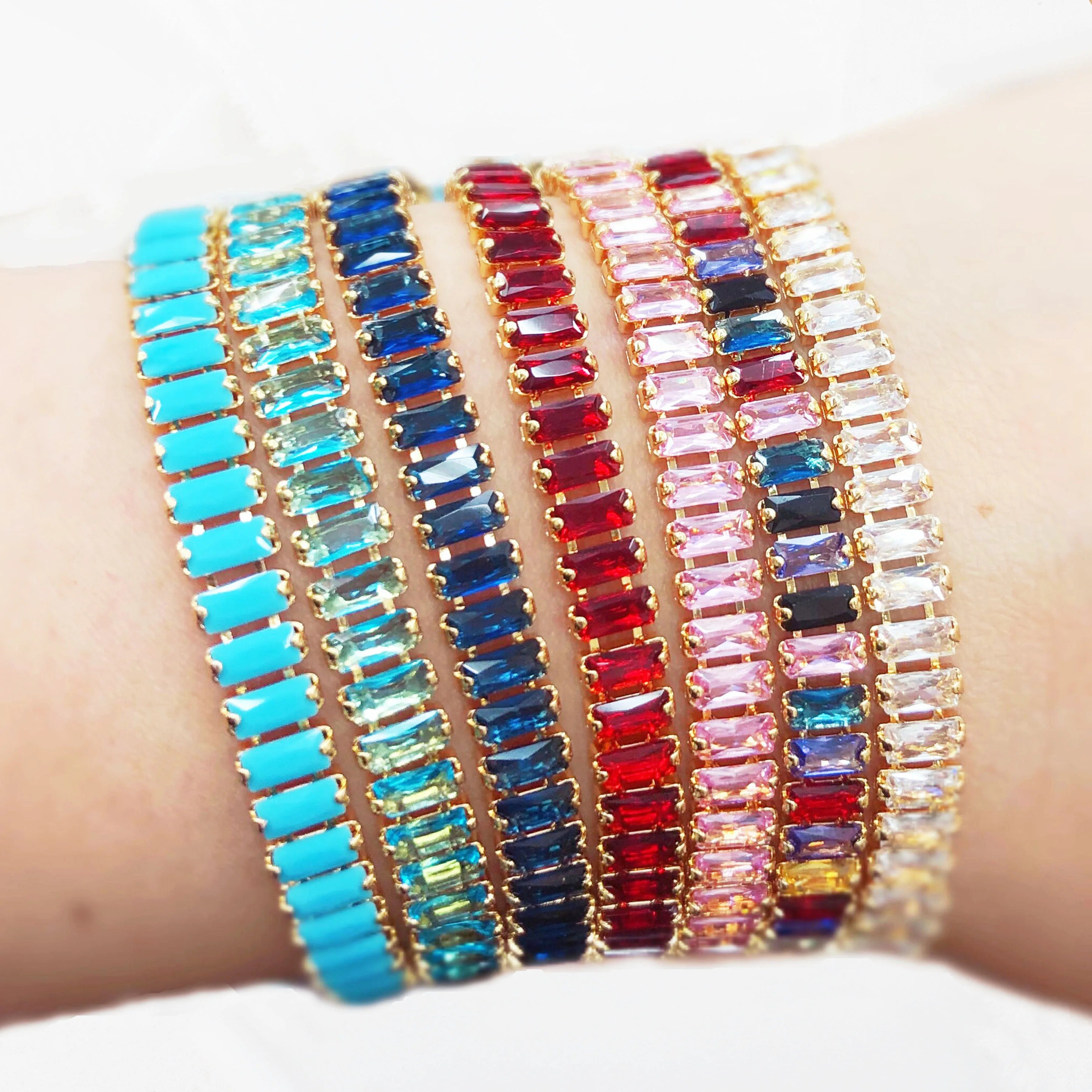 Classic Colorful Rectangle Cz Cubic Zirconia Tennis Bracelet 18k Yellow Gold Plated 6mm Rainbow Tennis Chain for Women and Girl