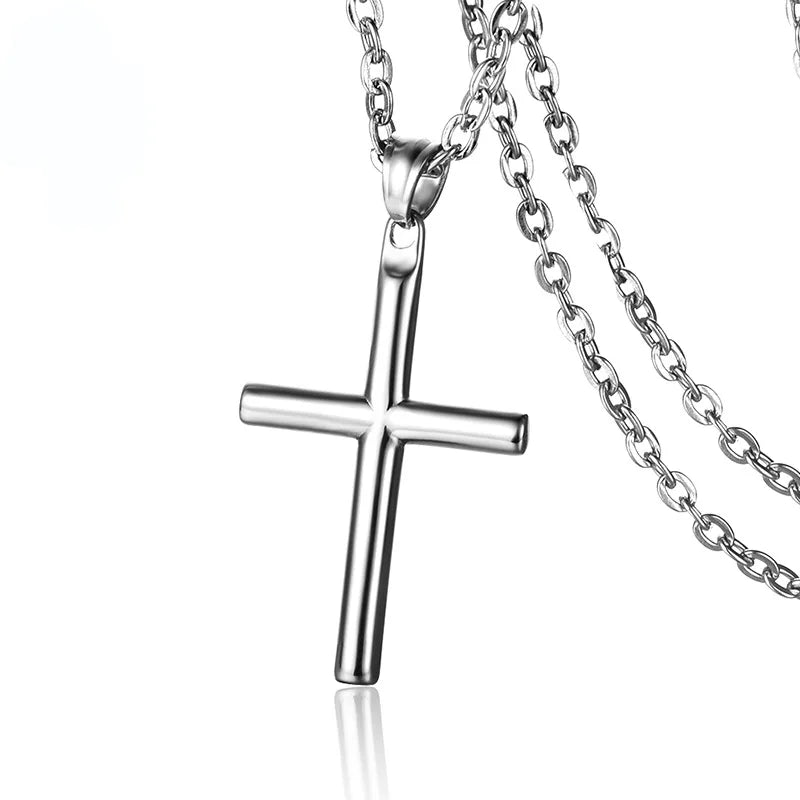 European American Classic Men's Stainless Steel Geometric Cross Charm Necklace Zircon Smooth Face Simple Pendant Ornaments for