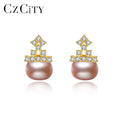 CZCITY New Design 18K Gold Plated 925 Sterling Silver Ear Stud Freshwater Cultured Pearl CZ Crown Earrings