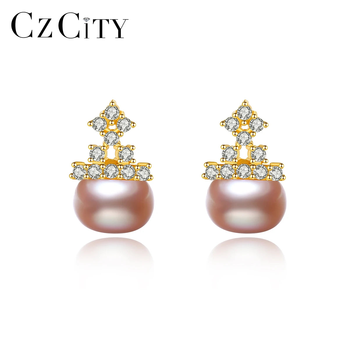 CZCITY New Design 18K Gold Plated 925 Sterling Silver Ear Stud Freshwater Cultured Pearl CZ Crown Earrings