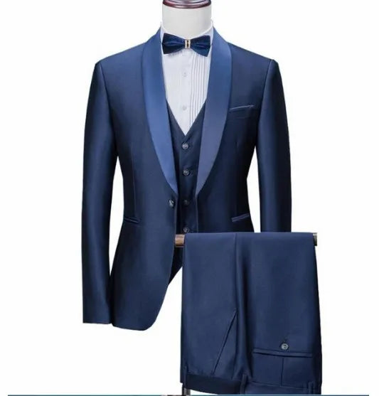Trendy Navy Blue Mens Suits 3 Pieces Formal Business Blazer Tuxedos Shawl Lapel for Wedding Groom Man ( Jacket+Vest+Pants)
