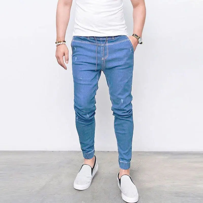 China Factory Custom Wholesale Hip Hop Pencil Pants Breathable Denim High Waist Drawstring Solid Color Men's Tight Jeans