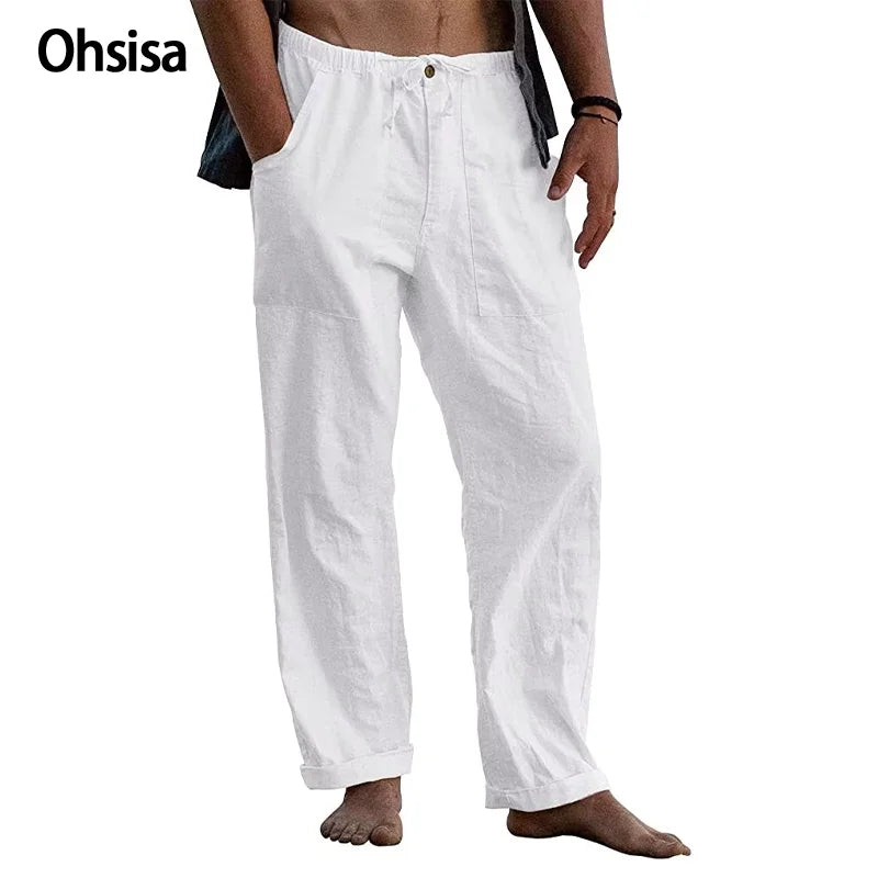 Ohsisa 2025 Men's Cotton Trousers Elastic Waist Drawstring Pockets Beach Loose Casual Summer Plain Dyed Men Pants Straight