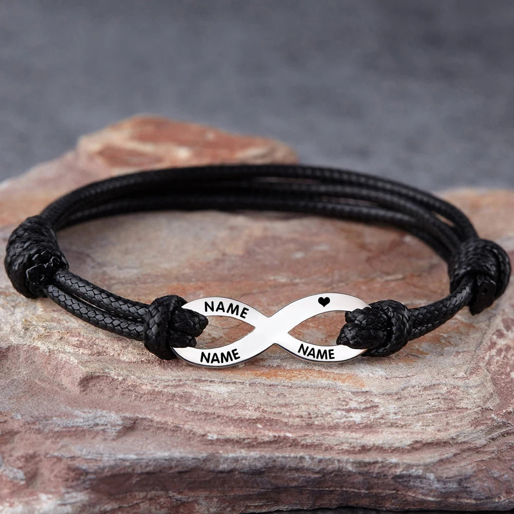 Custom Engraving Name Date Bracelet Men Women Jewelry Gift Personalized Stainless Steel Infinity Charm Rope Couple Bracelet