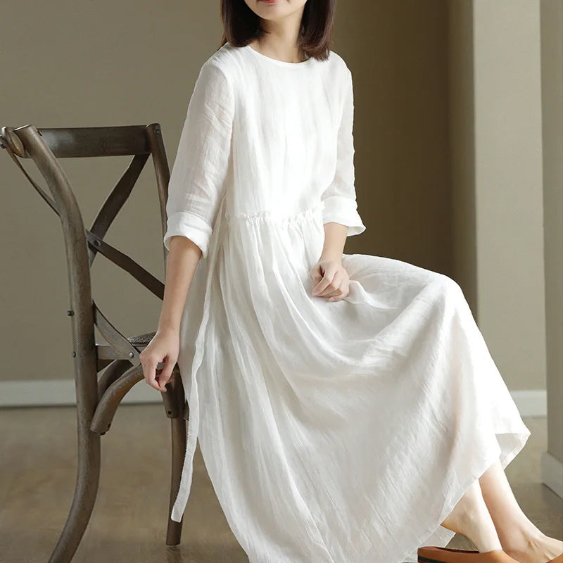 Wholesale 2026 New Summer Style Ramie White Cotton Hemp High Waist Slim Literary Loose Round Neck Women's Dress