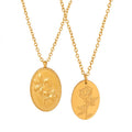 Women Fashion Dainty Antique Jewelry 18k Gold Plated Stainless Steel Oval Ellipse Shape Flower Pattern Pendant Necklace