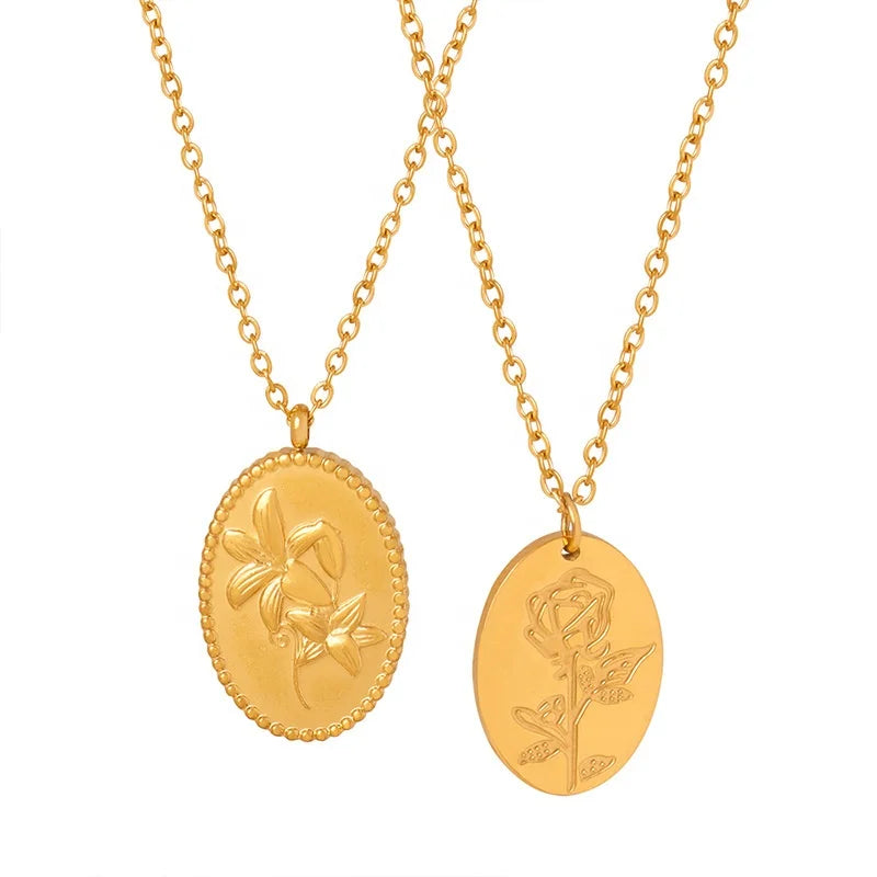 Women Fashion Dainty Antique Jewelry 18k Gold Plated Stainless Steel Oval Ellipse Shape Flower Pattern Pendant Necklace