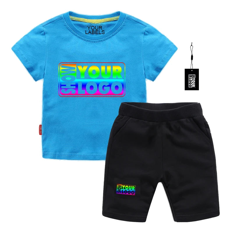100% Cotton 200g 5.9oz Unisex Kids Short Sleeve Heat-Transfer Printed Knitted Fabric T-Shirt Shorts Set Custom Designs Free