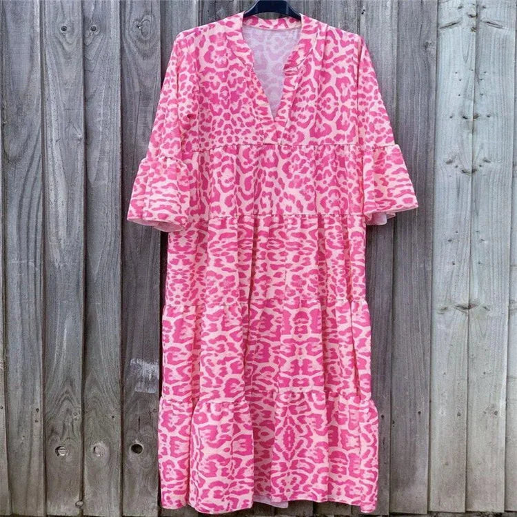 S-3XL New Women's Leopard Print Dress V-neck Loose Fitting Dress