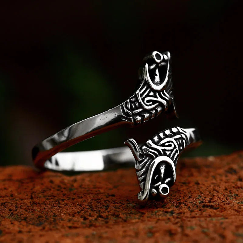 SS8-954R New Fashion Viking Double Wolf Head Ring Adjustable Men's Ring Animal Gothic Jewelry
