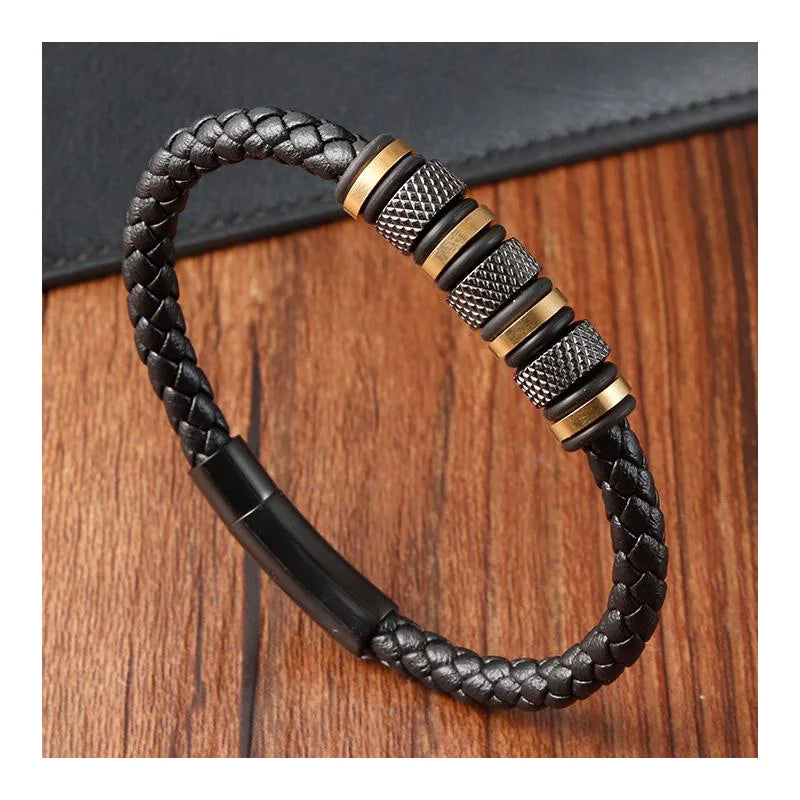Wholesale Fashion Design Custom Leather Charm Bangle Adjustable Stainless Steel Natural Leather Bracelet for Men