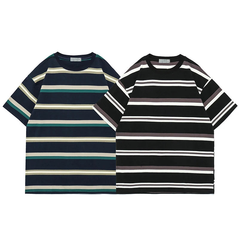Oversized Turn-down Collar 100% Cotton Rugby Shirt Short Sleeve T-shirt Men Ribbed Cuffs Striped Fabric T Shirt