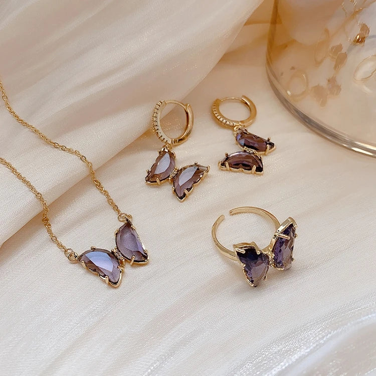 G249 Crystal Butterfly Earrings Female Necklace Ring Gold Plated Pendant Necklace Jewelry Sets