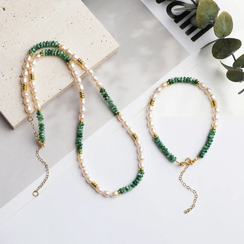 New Cute Freshwater Pearl Natural Stone Bead Choker Necklace Bracelet Set Stainless Steel Beads for Women Girls
