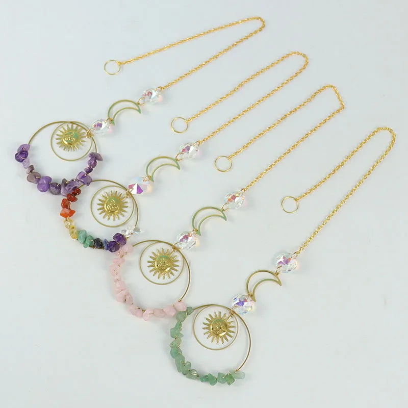 Boho Healing Crystals Suncatcher Wind Chimes Natural Stones Crystal Sun Catcher Prism Hanging Crafts for Decor